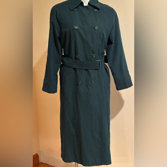 London Fog Double Breasted Vintage Green Trench Coat. Sz 4P With Tie. In Front. - Picture 1 of 12